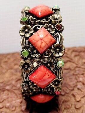 Vintage-Style Coral Red Floral Statement Bracelet - Unbranded